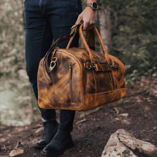 the denali leather duffel bag for men held antique brown