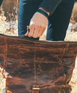 the kobuk mens leather backpack laptop rucksack antique brown rolled out